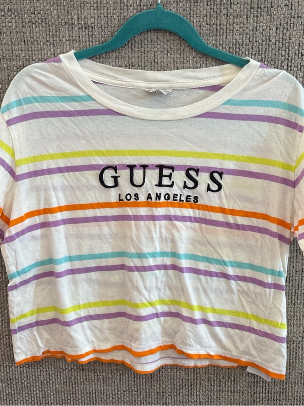 Guess White Crop Tee with Purple, Teal, Lime & Orange Stripes